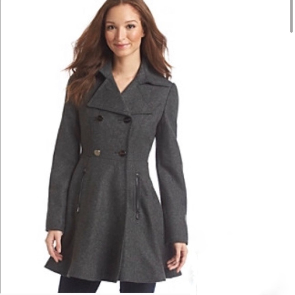 Laundry by Shelli Segal Double Breasted Wool Blend Skirted Peacoat, Gray, Large